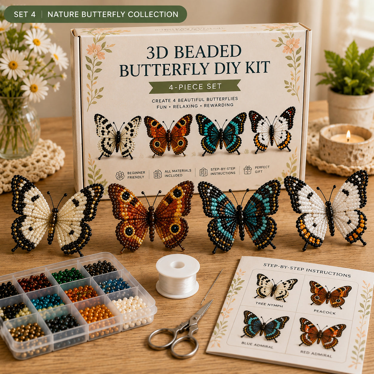 🦋3D Beaded Butterfly DIY Kit – 4-Piece Handmade Butterfly Craft Set