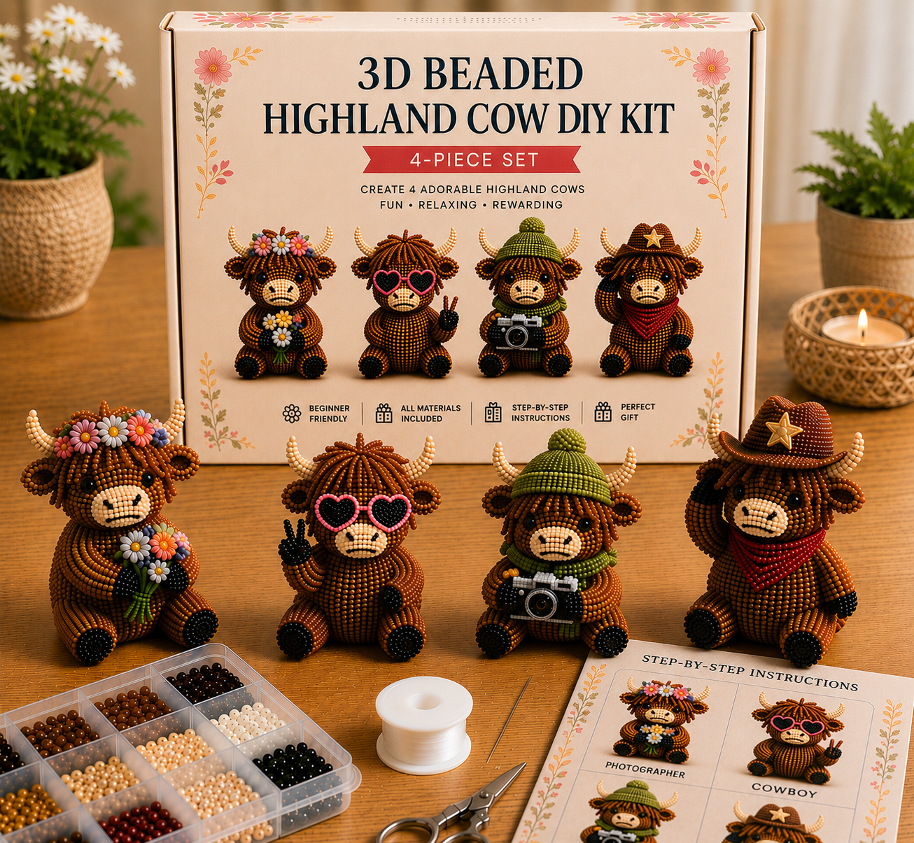 🐮3D Highland Cow DIY Bead Kit – 8 Adorable Handmade Cow Designs Craft Set