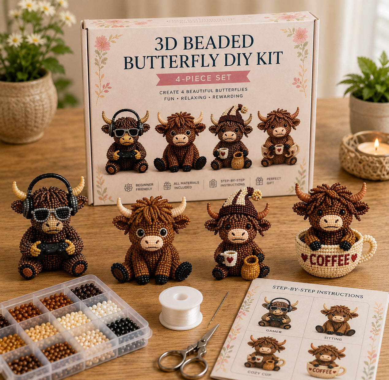🐮3D Highland Cow DIY Bead Kit – 8 Adorable Handmade Cow Designs Craft Set