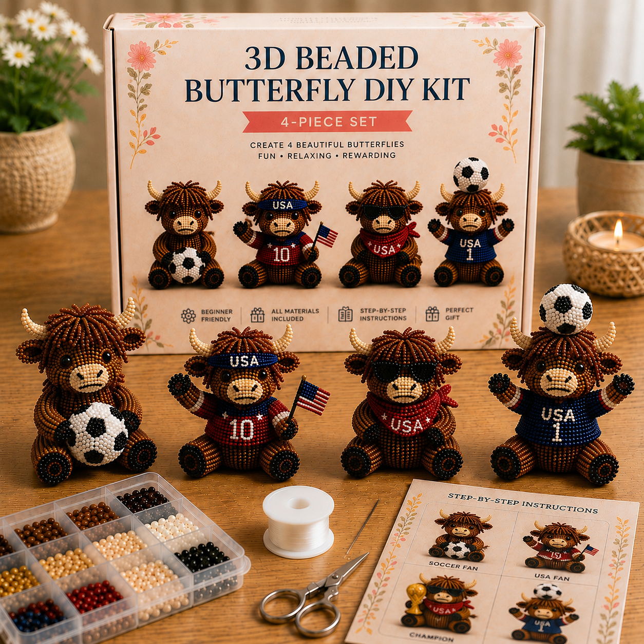 🐮3D Highland Cow DIY Bead Kit – 8 Adorable Handmade Cow Designs Craft Set