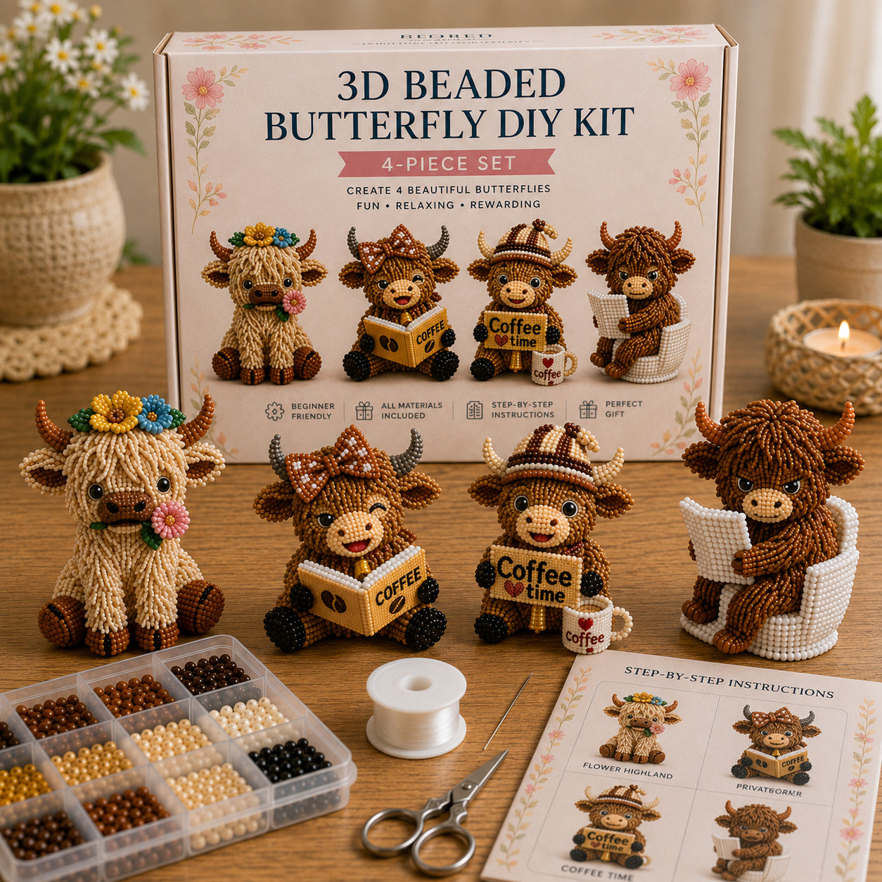 🐮3D Highland Cow DIY Bead Kit – 8 Adorable Handmade Cow Designs Craft Set