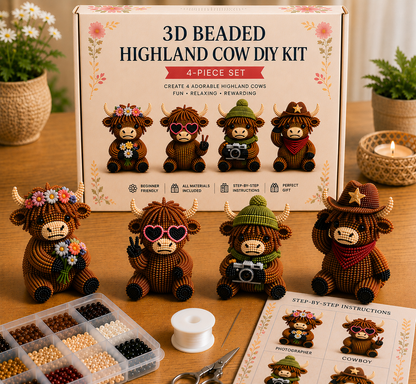 🐮3D Highland Cow DIY Bead Kit – 8 Adorable Handmade Cow Designs Craft Set