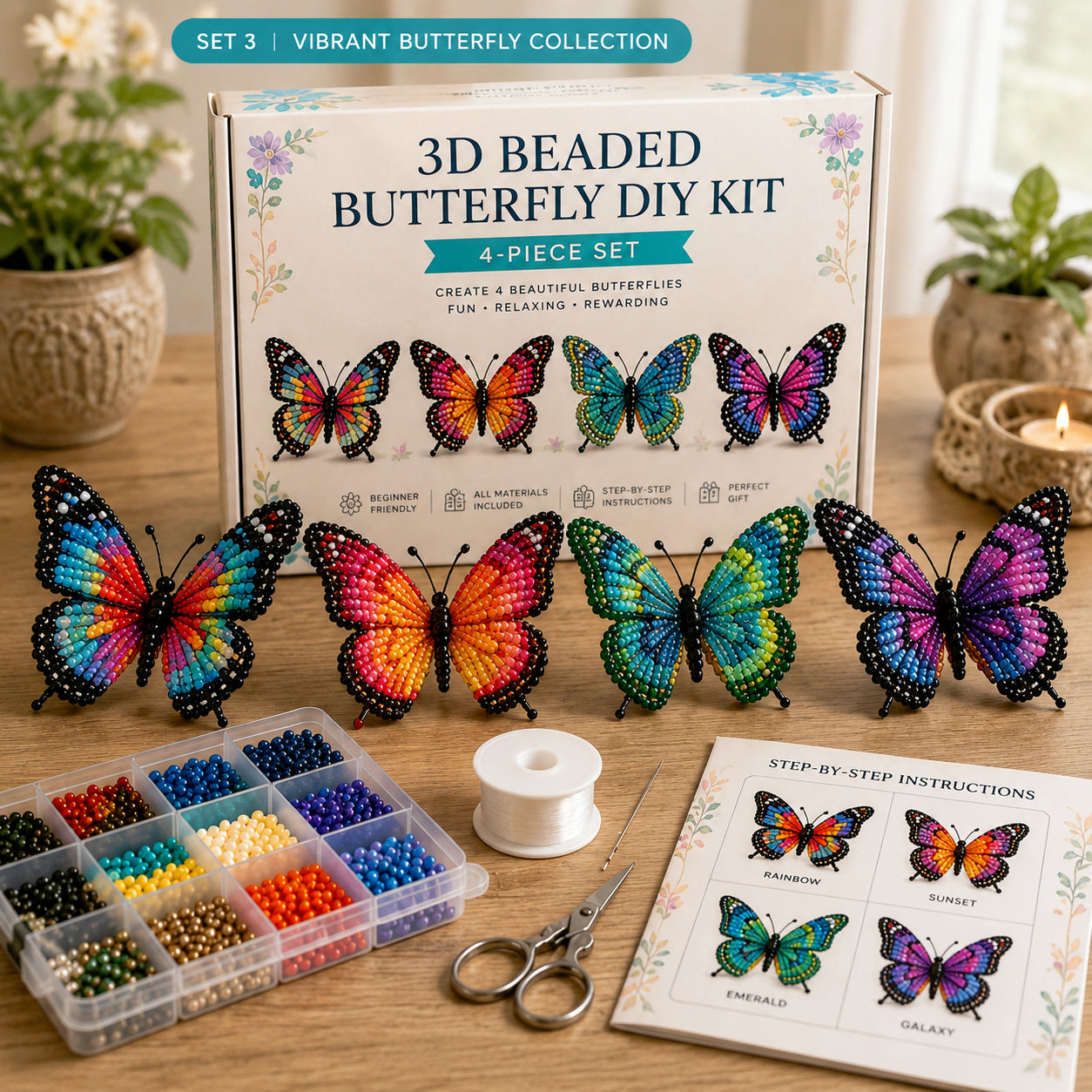 🦋3D Beaded Butterfly DIY Kit – 4-Piece Handmade Butterfly Craft Set