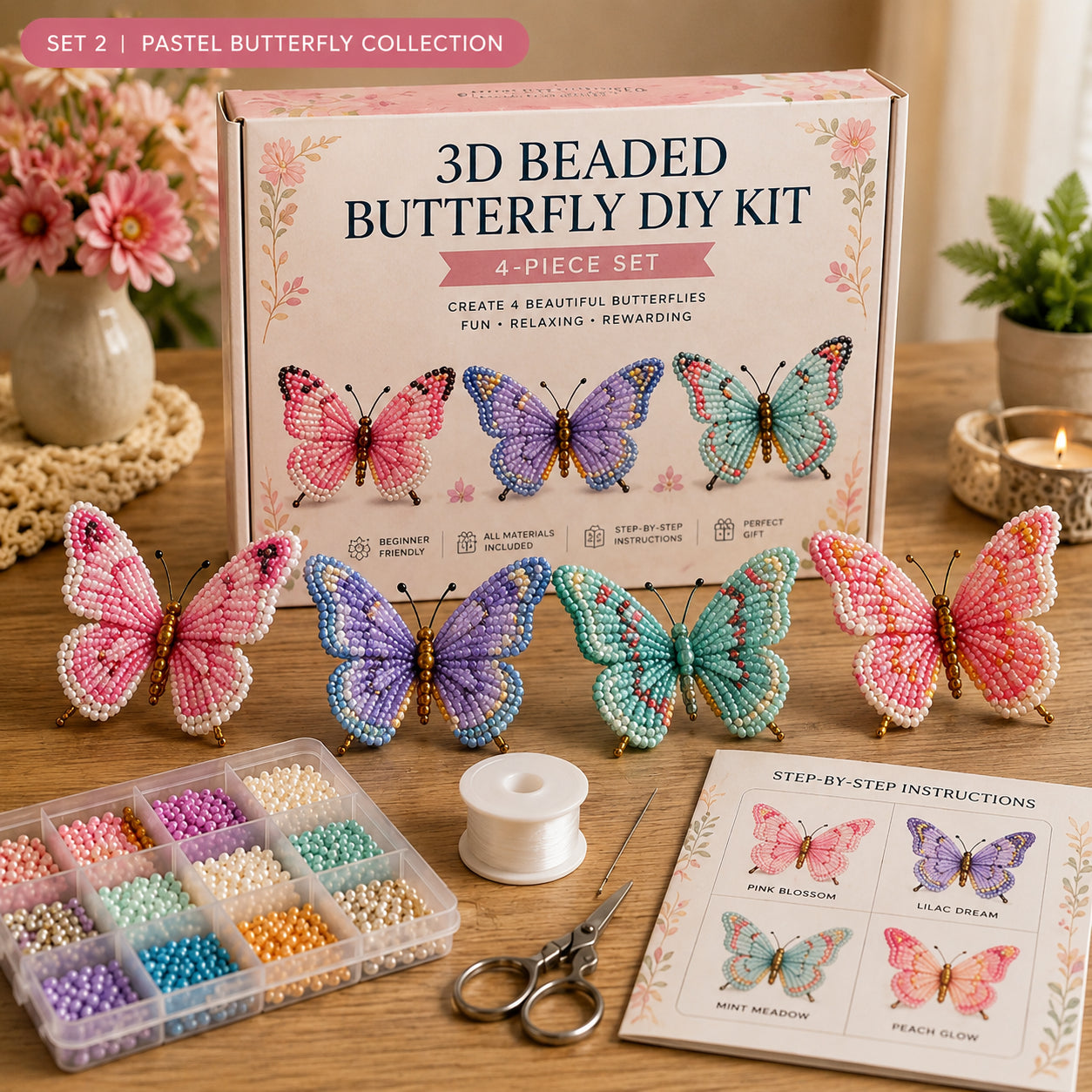 🦋3D Beaded Butterfly DIY Kit – 4-Piece Handmade Butterfly Craft Set