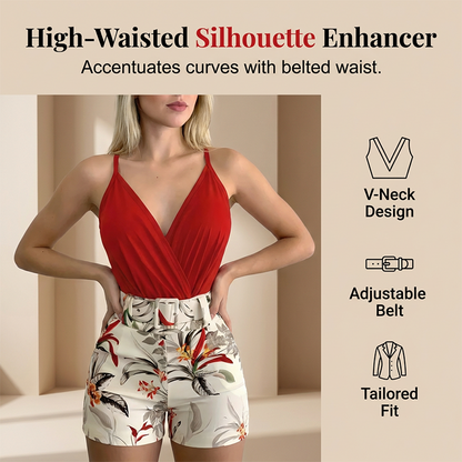 ??40% OFF !! ⏰ V-Neck & High-Waist Shorts Set – Tropical Print, 2-Piece Vacation Outfit ?