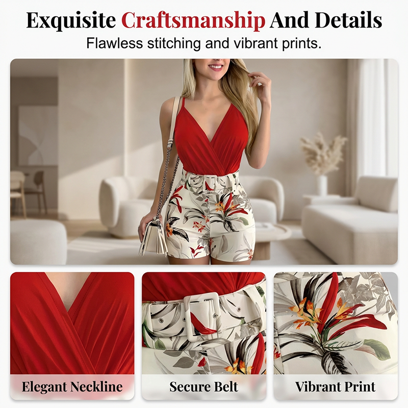 ??40% OFF !! ⏰ V-Neck & High-Waist Shorts Set – Tropical Print, 2-Piece Vacation Outfit ?