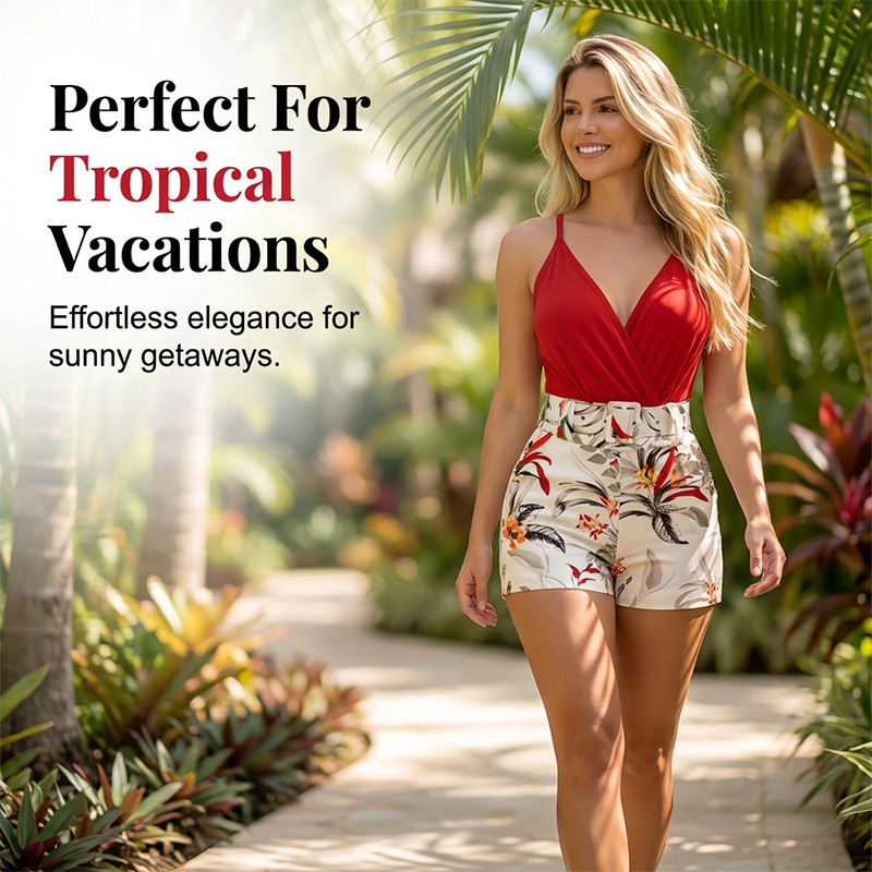 ??40% OFF !! ⏰ V-Neck & High-Waist Shorts Set – Tropical Print, 2-Piece Vacation Outfit ?