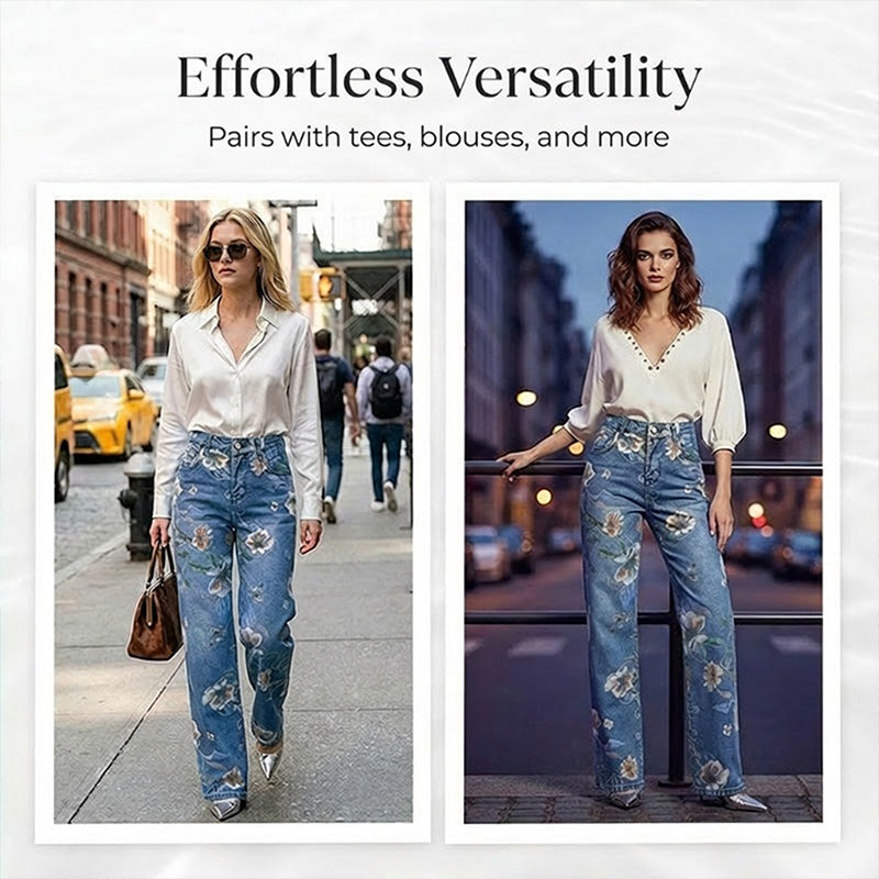 👖 50% OFF NOW! 🌸 Women's Floral Print Straight-Leg Jeans – Stretchy denim, vintage vibe & perfect for everyday casual chic ✨